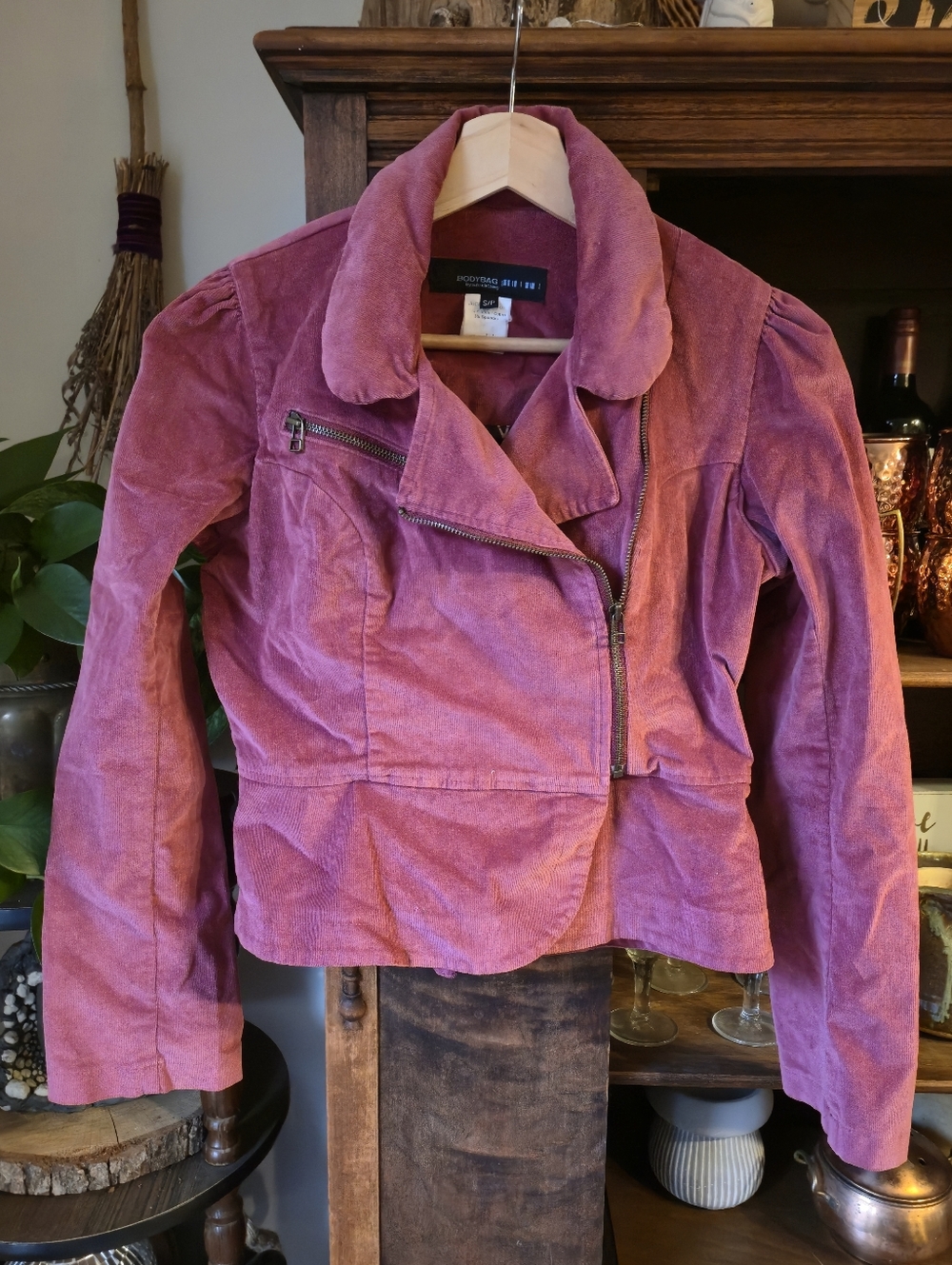 BODYBAG Vintage Pink Peplum Jacket, Assymetrical Zip with Curved Collar, Sm